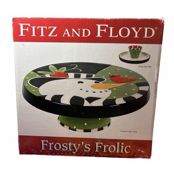 2011 Fitz And Floyd Christmas Frosty's Frolic Footed Cake Plate Chip Dip Snowman - Picture 3 of 7